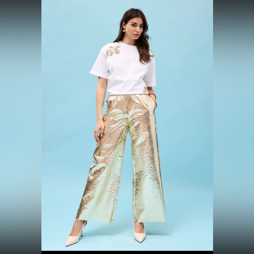 NWT NEW metallic Gold Wide Leg Pants from Paris France